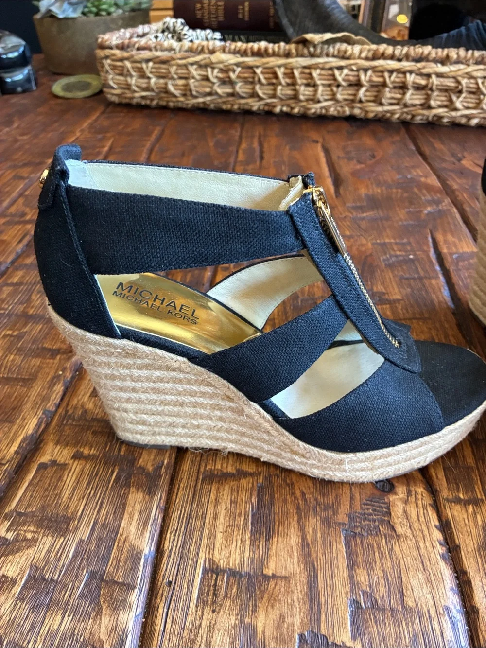 Michael Kors Black Wedge Sandals with Gold Front Zipper